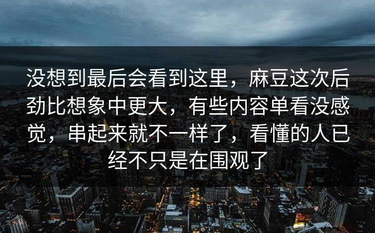 没想到最后会看到这里,麻豆这次后劲比想象中更大,有些内容单看没感觉,串起来就不一样了,看懂的人已经不只是在围观了